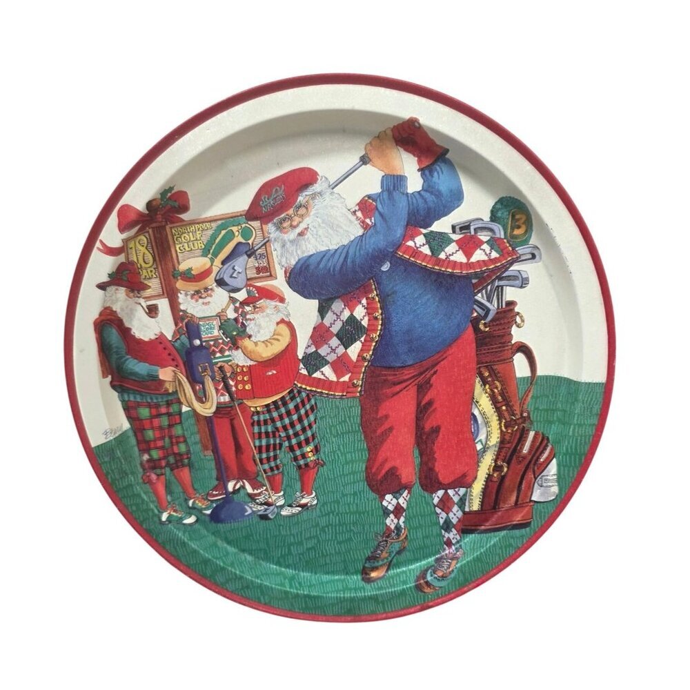Vintage Santa Golf Tray Christmas Folk Art Metal Tray Signed Jeanne Beury 13.5"D